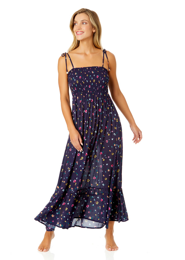 anne cole Women's Gradient Floral Smocked Shoulder Tie Dress Cover Up