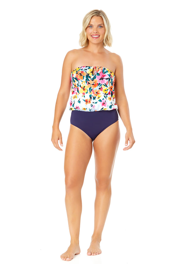 Anne Cole Women's Gradient Floral Strapless Blouson Keyhole One Piece Swimsuit