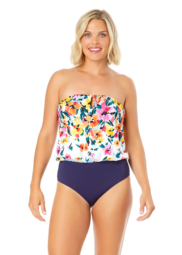 anne cole Women's Gradient Floral Strapless Blouson Keyhole One Piece Swimsuit