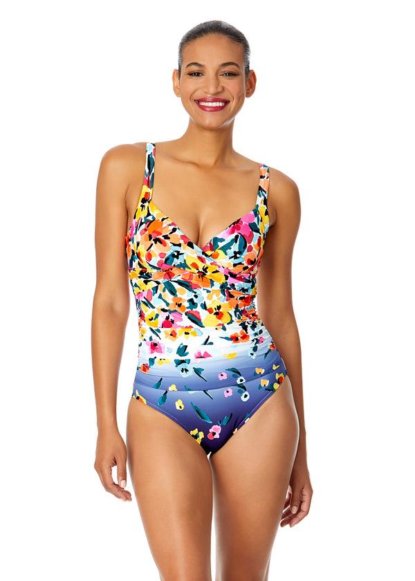anne cole Women's Gradient Floral Underwire Surplice One Piece Swimsuit