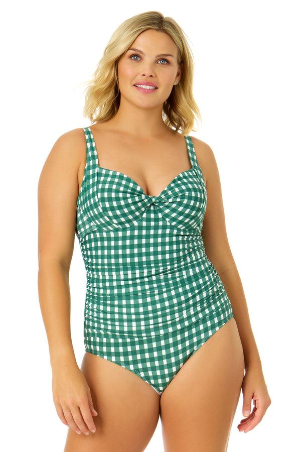 anne cole Women's Green Gingham Retro Twist Front Shirred One Piece Swimsuit