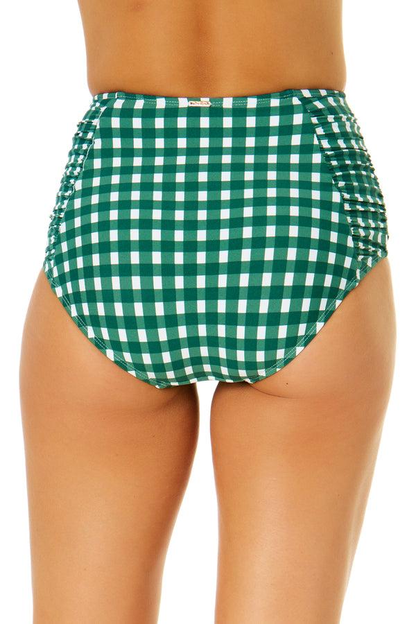 Anne Cole Women's Green Gingham Shirred High Waist Tummy Control Bikini Bottom
