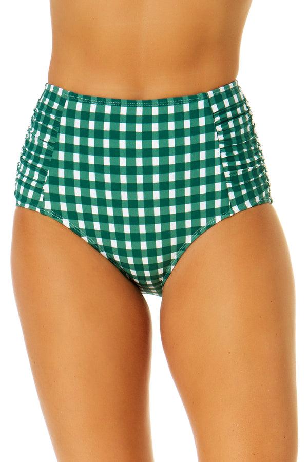 anne cole Women's Green Gingham Shirred High Waist Tummy Control Bikini Bottom