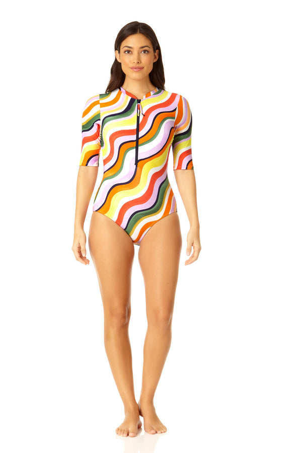 Anne Cole Women's Half Zip Front Rash Guard One Piece Swimsuit