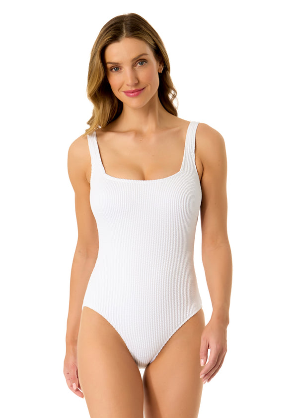 anne cole Women's Live In Color Textured Classic Square Neck One Piece Swimsuit