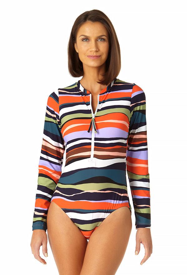 anne cole Women's Long Sleeve Front Zip Rash Guard Swimsuit