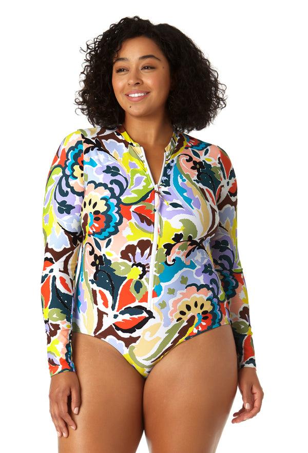 anne cole Women's Long Sleeve Front Zip Rash Guard Swimsuit