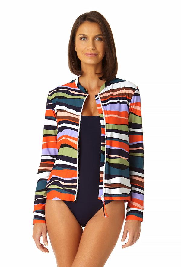 anne cole Women's Long Sleeve Zip Front Rash Guard Top