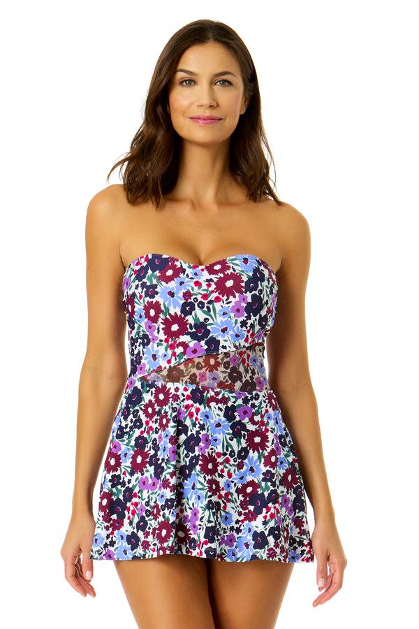 anne cole Women's Meadow Bouquet Strapless Mesh Insert Swim Dress