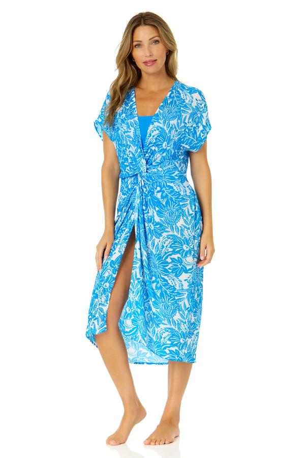 Anne Cole Women's Midnight Floral V Neck Twist Front Midi Dress Cover Up