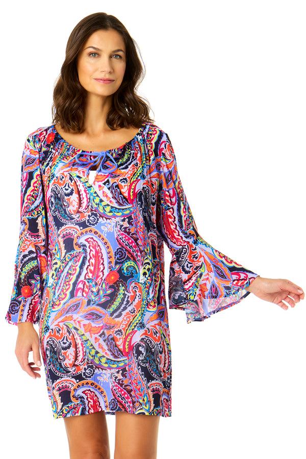 anne cole Women's Paisley Parade Bell Sleeve Tunic Swimsuit Cover Up