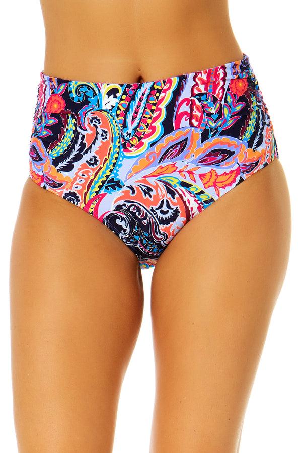 anne cole Women's Paisley Parade Fold Over High Waist Shirred Bikini Swim Bottoms