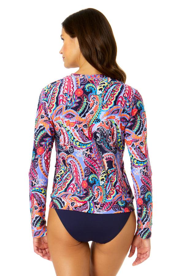 Anne Cole Women's Paisley Parade Long Sleeve Zip Front Rash Guard Top