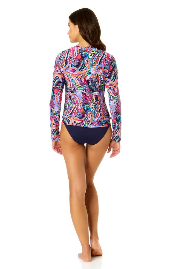 Anne Cole Women's Paisley Parade Long Sleeve Zip Front Rash Guard Top