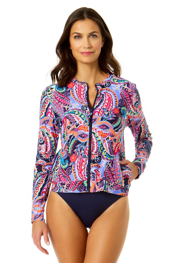 anne cole Women's Paisley Parade Long Sleeve Zip Front Rash Guard Top