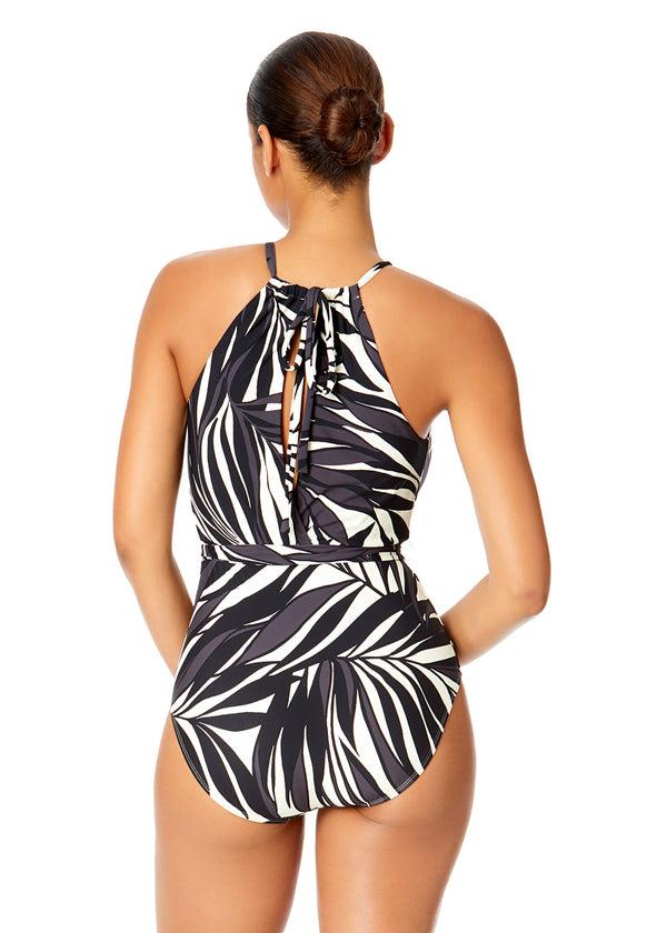 Anne Cole Women's Palm Chic High Neck Plunge One Piece Swimsuit