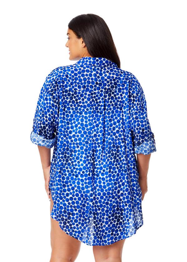 Anne Cole Women's Plus Denim Dot Button Down Shirt Swimsuit Cover Up