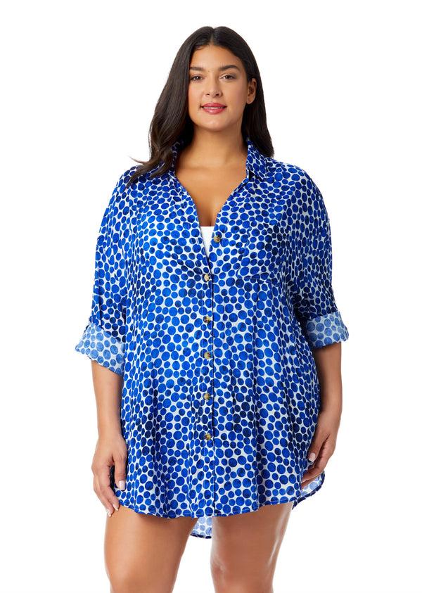 anne cole Women's Plus Denim Dot Button Down Shirt Swimsuit Cover Up