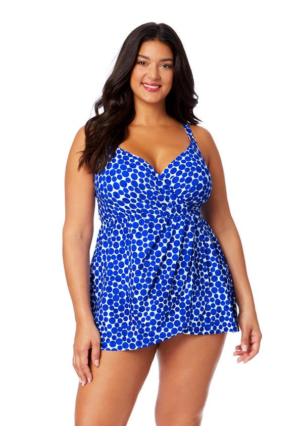 anne cole Women's Plus Denim Dot Swim Dress With Skirted Bottom