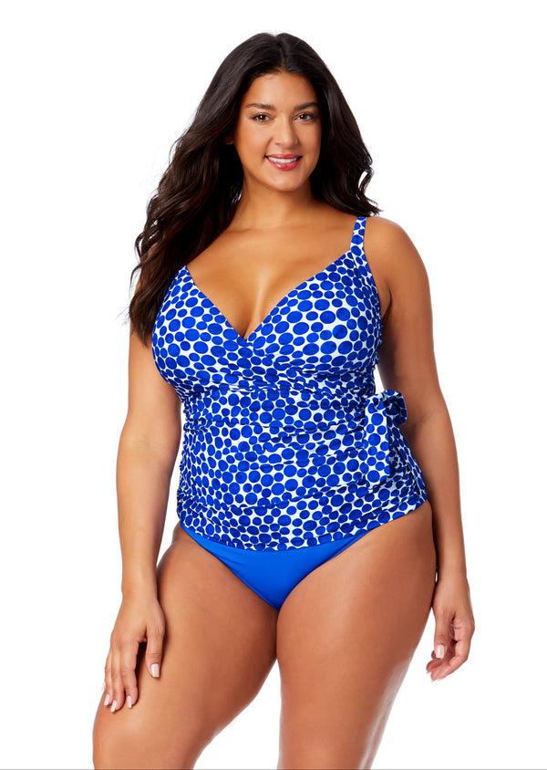 anne cole Women's Plus Denim Dot Wrap Tie Tankini Swim Top