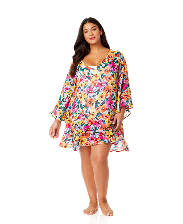 Anne Cole Women's Plus Gradient Floral Flounce V Neck Tunic Swimsuit Cover Up
