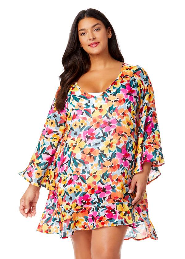 anne cole Women's Plus Gradient Floral Flounce V Neck Tunic Swimsuit Cover Up