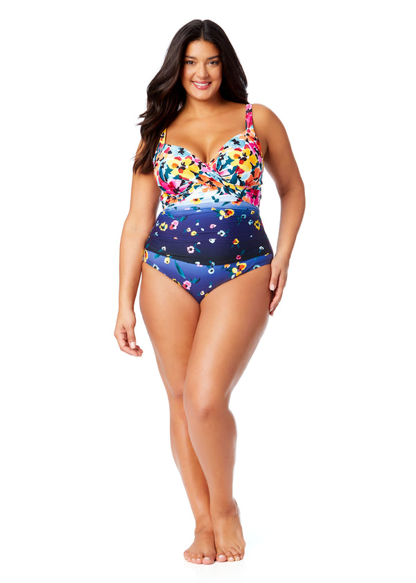 Anne Cole Women's Plus Gradient Floral Underwire Surplice One Piece Swimsuit