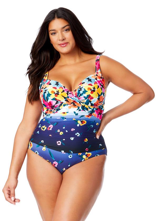 anne cole Women's Plus Gradient Floral Underwire Surplice One Piece Swimsuit