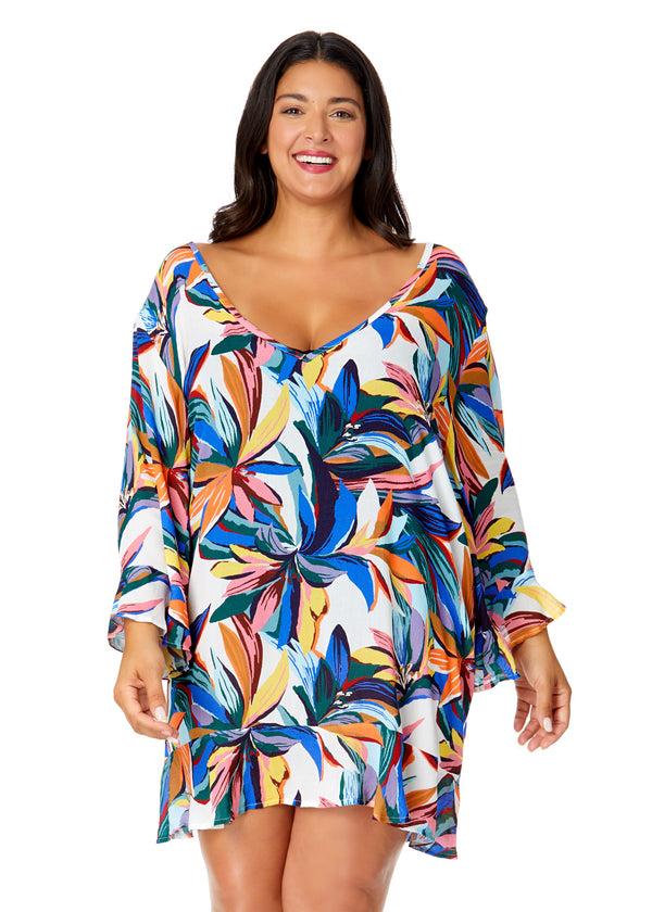 anne cole Women's Plus Riviera Floral Flounce V Neck Tunic Swimsuit Cover Up