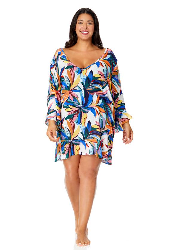 Anne Cole Women's Plus Riviera Floral Flounce V Neck Tunic Swimsuit Cover Up