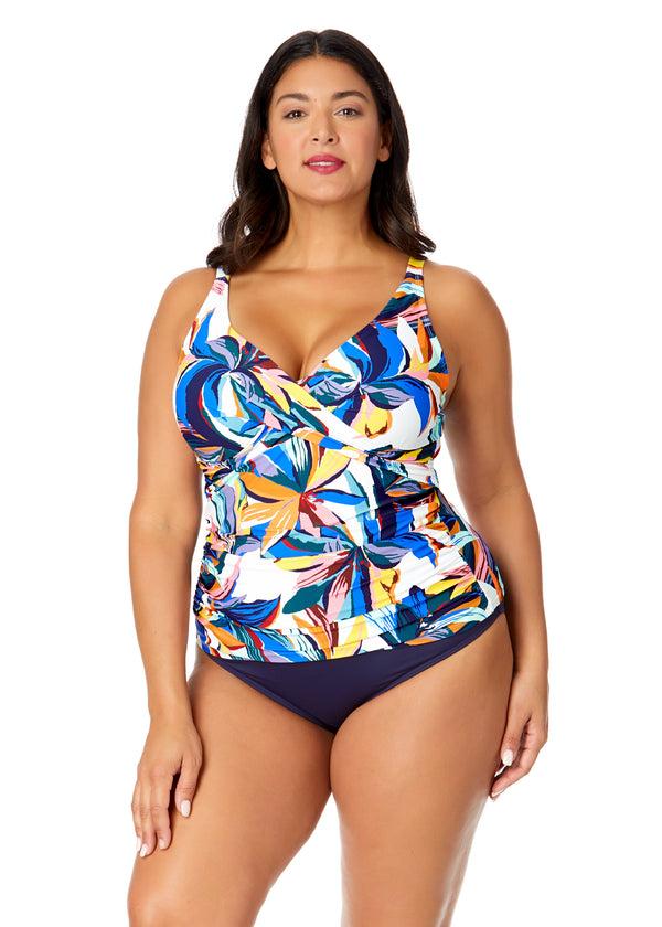 anne cole Women's Plus Riviera Floral Hidden Underwire Drape Front Tankini Swim Top