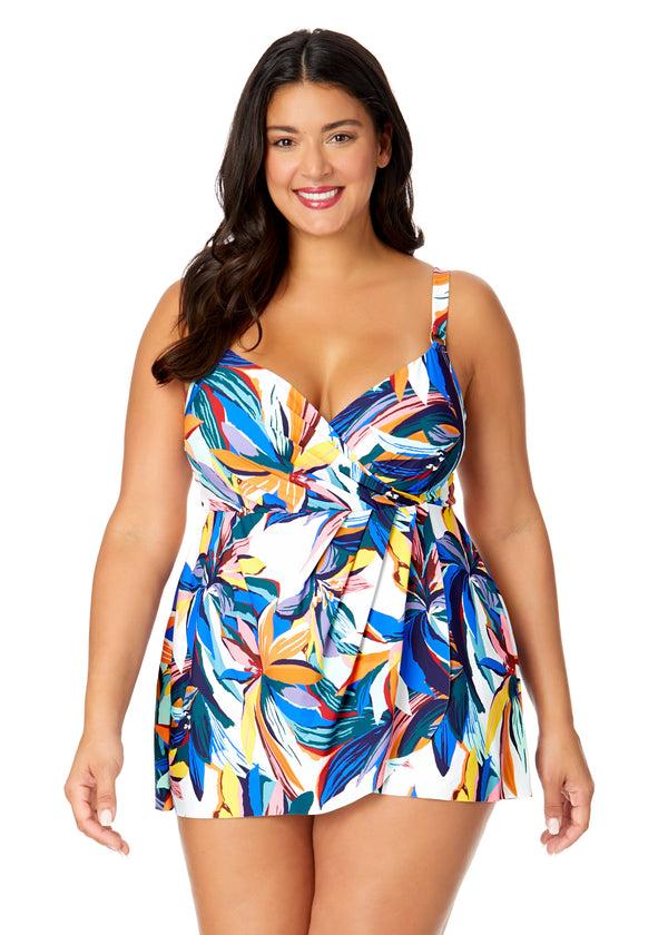 anne cole Women's Plus Riviera Floral Swim Dress With Skirted Bottom