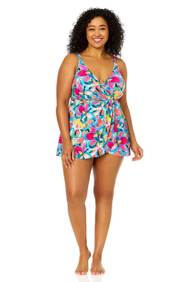 Anne Cole Women's Plus Size Amalfi Floral Swim Dress With Skirted Bottom