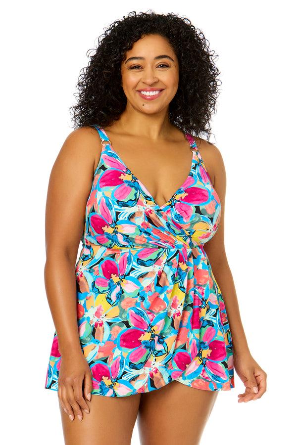 anne cole Women's Plus Size Amalfi Floral Swim Dress With Skirted Bottom