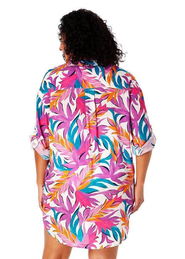 Anne Cole Women's Plus Size Dance Floor Palm Button Down Shirt Swimsuit Cover Up