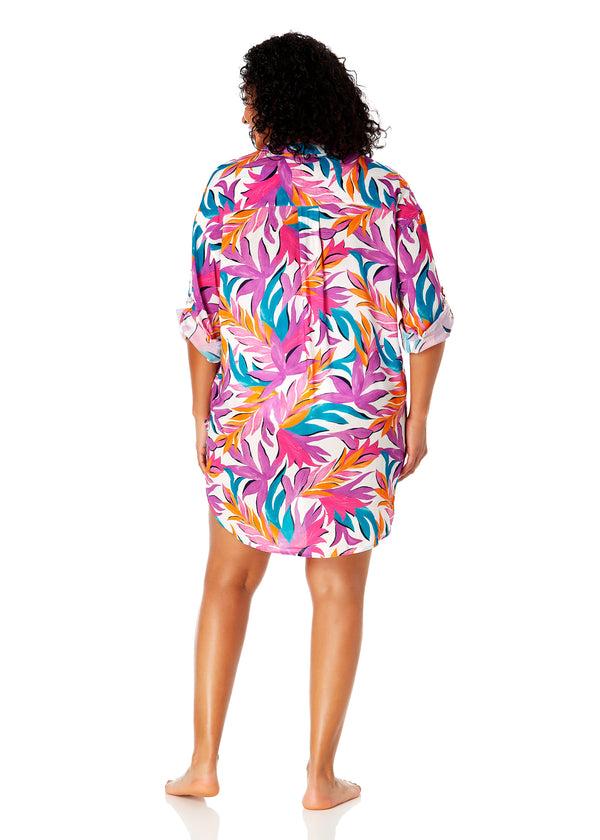 Anne Cole Women's Plus Size Dance Floor Palm Button Down Shirt Swimsuit Cover Up