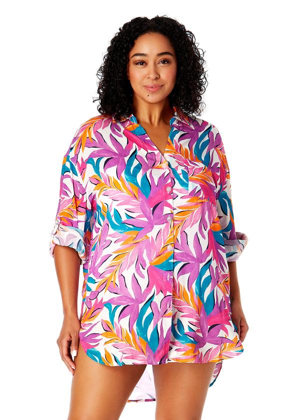 anne cole Women's Plus Size Dance Floor Palm Button Down Shirt Swimsuit Cover Up