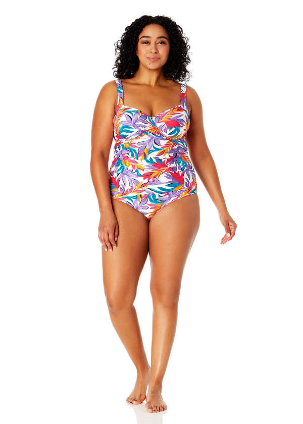 Anne Cole Women's Plus Size Dance Floor Palm Underwire Surplice One Piece Swimsuit