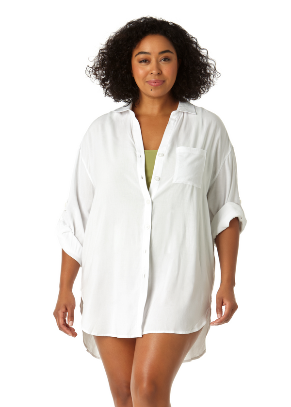 anne cole Women's Plus Size Live In Color Button Down Shirt Swimsuit Cover Up