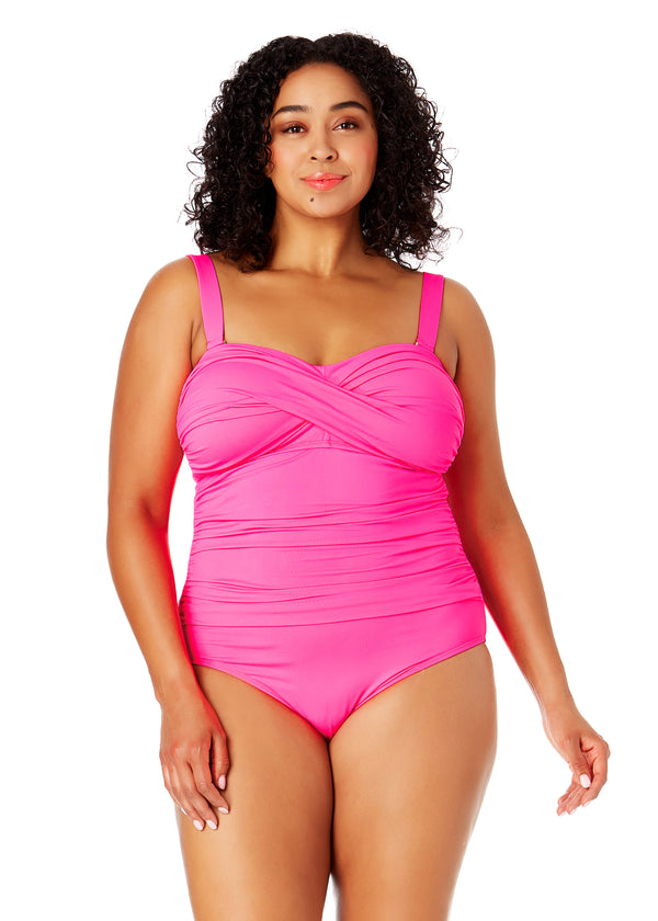 anne cole Women's Plus Size Live In Color Twist Front Shirred One Piece Swimsuit