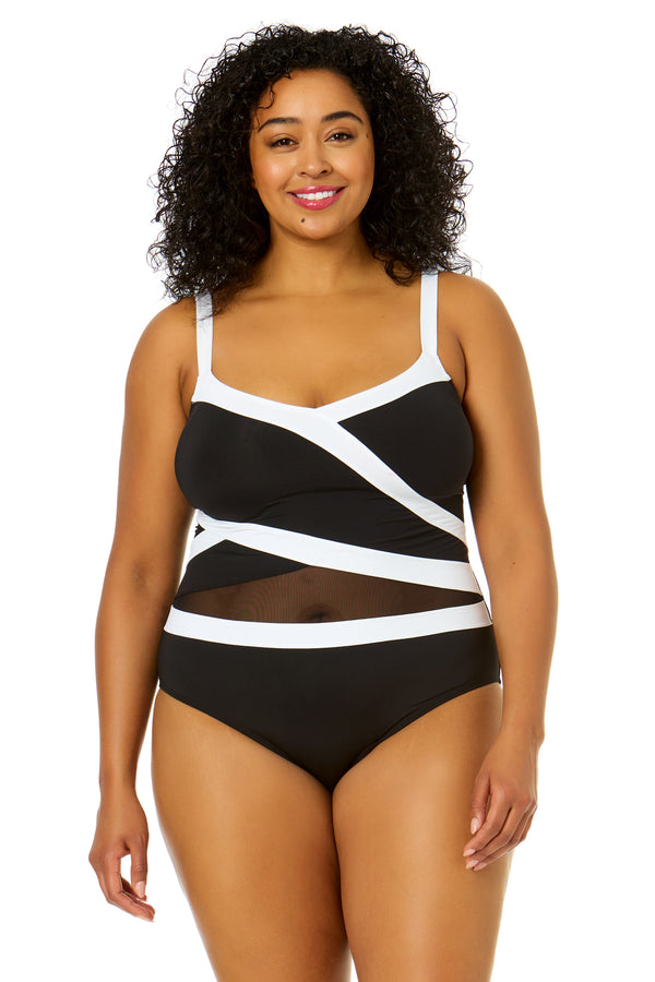 anne cole Women's Plus Size Mesh Around Mesh Insert One Piece Swimsuit