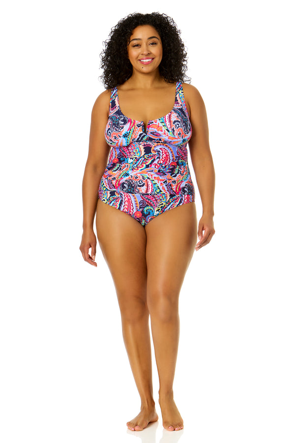 Anne Cole Women's Plus Size Paisley Parade V-Wire One Piece Swimsuit