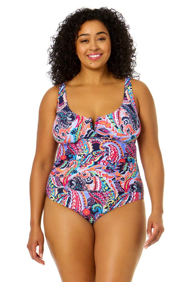 anne cole Women's Plus Size Paisley Parade V-Wire One Piece Swimsuit
