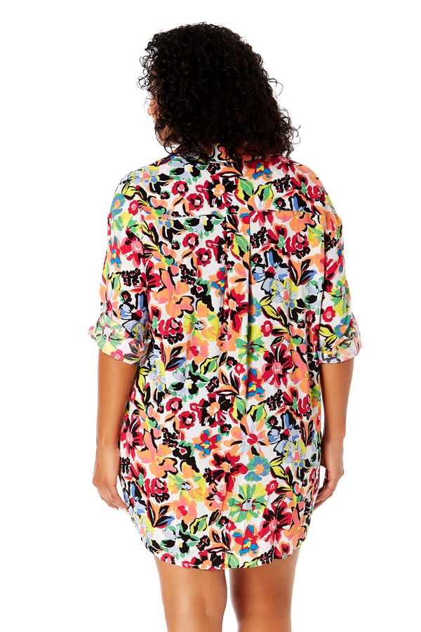 Anne Cole Women's Plus Size Sun Blossom Button Down Shirt Swimsuit Cover Up