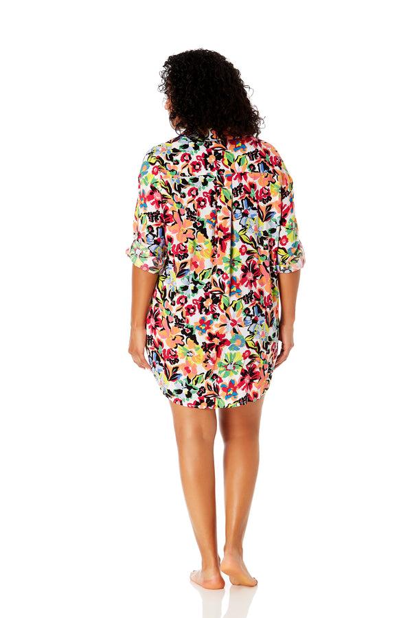 Anne Cole Women's Plus Size Sun Blossom Button Down Shirt Swimsuit Cover Up