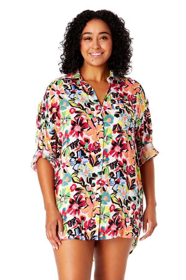 anne cole Women's Plus Size Sun Blossom Button Down Shirt Swimsuit Cover Up