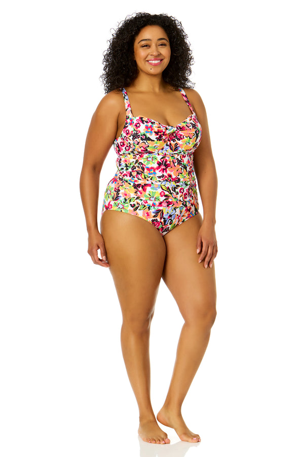 Anne Cole Women's Plus Size Sun Blossom Retro Twist Front Shirred One Piece Swimsuit