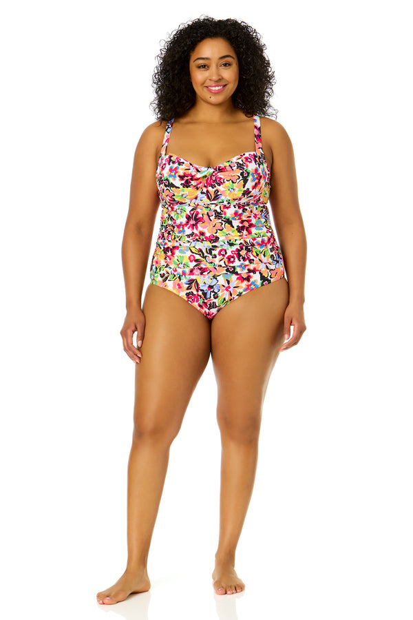 Anne Cole Women's Plus Size Sun Blossom Retro Twist Front Shirred One Piece Swimsuit