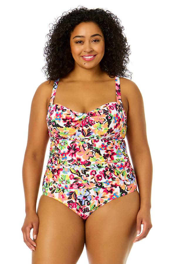 anne cole Women's Plus Size Sun Blossom Retro Twist Front Shirred One Piece Swimsuit