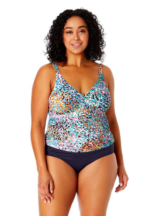 anne cole Women's Plus Size Sunset Dot Hidden Underwire Drape Front Tankini Swim Top